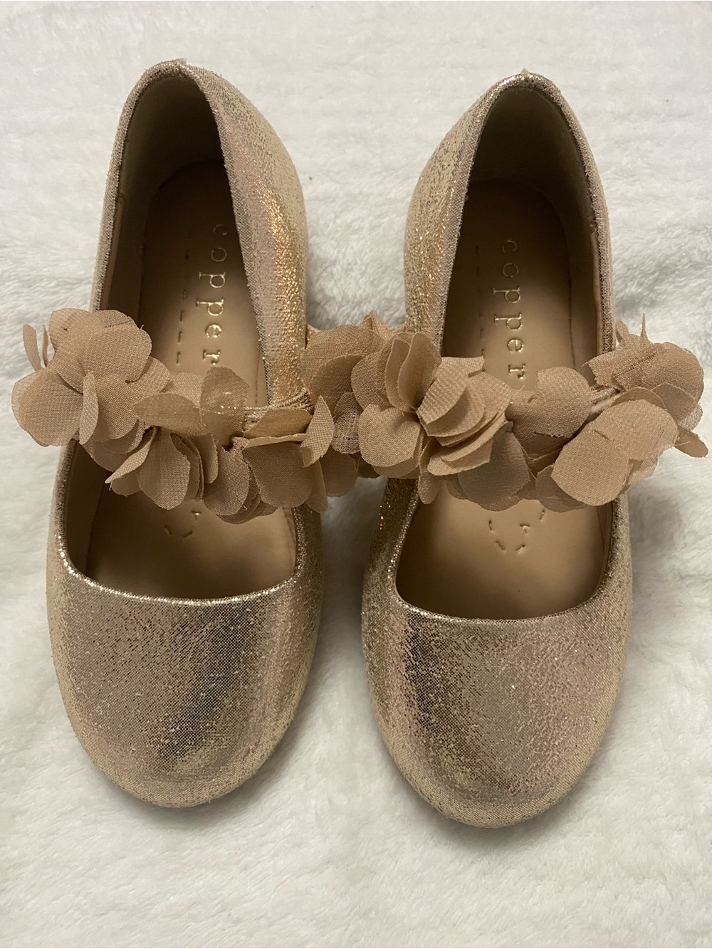 Copper Key Rose Gold Glitter Mary Jane Flats with Floral Strap